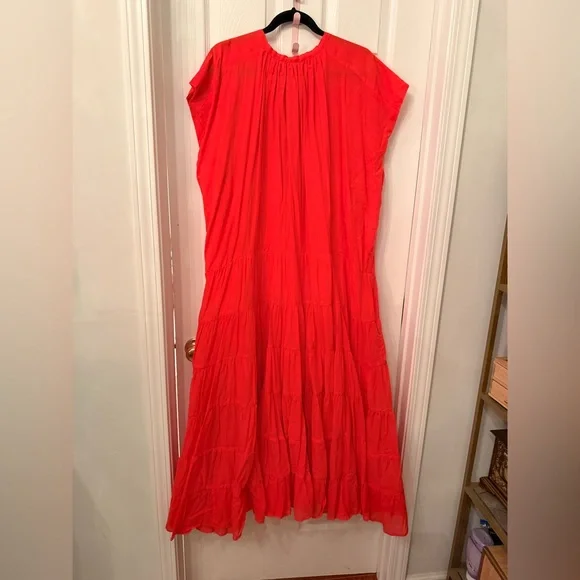 NWT Erika Peña tiered button down midi dress red-orange - Picture 4 of 5